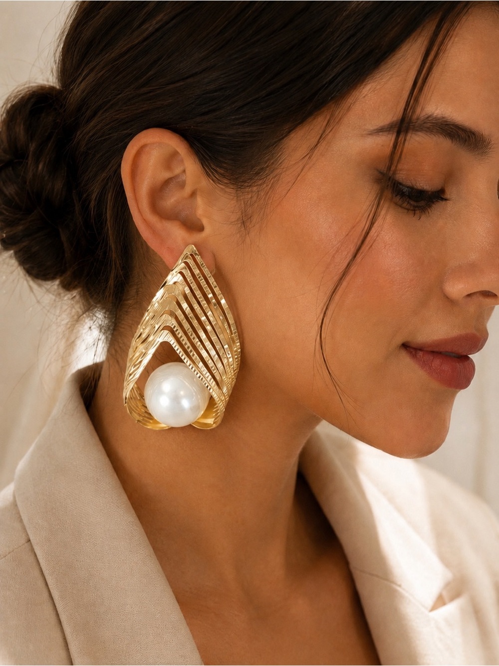Gold Tone Sculptural Pearl Statement Earrings | Vintage Style Clip-On Earrings